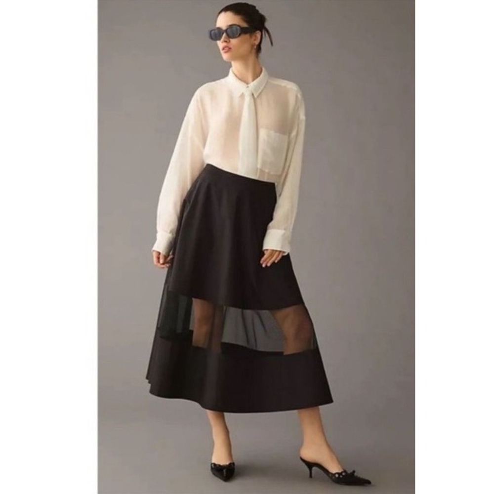 Anthropologie Sheer Panel Skirt Mare Mare  Circle Midi Black Modern XL NEW $160
